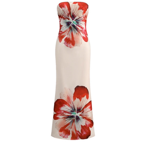 Commense Floral Print Off-Shoulder Strapless Tube Long Dress Small